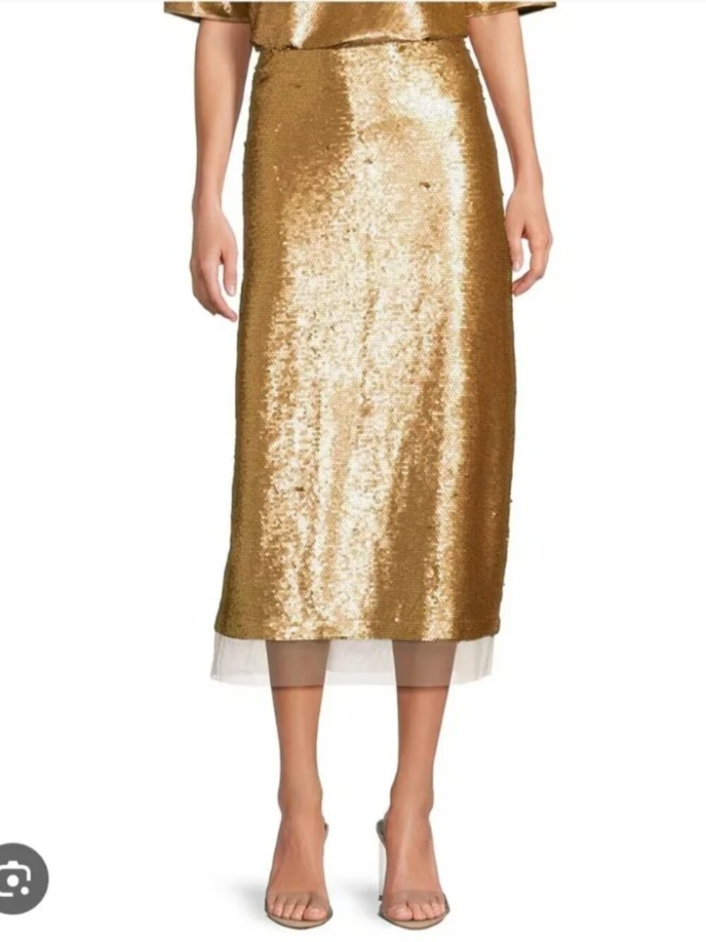 Le' AL.X Gold Sequin High Rise A-Line Mesh Trim Midi Skirt. Size 8 - Picture 2 of 8